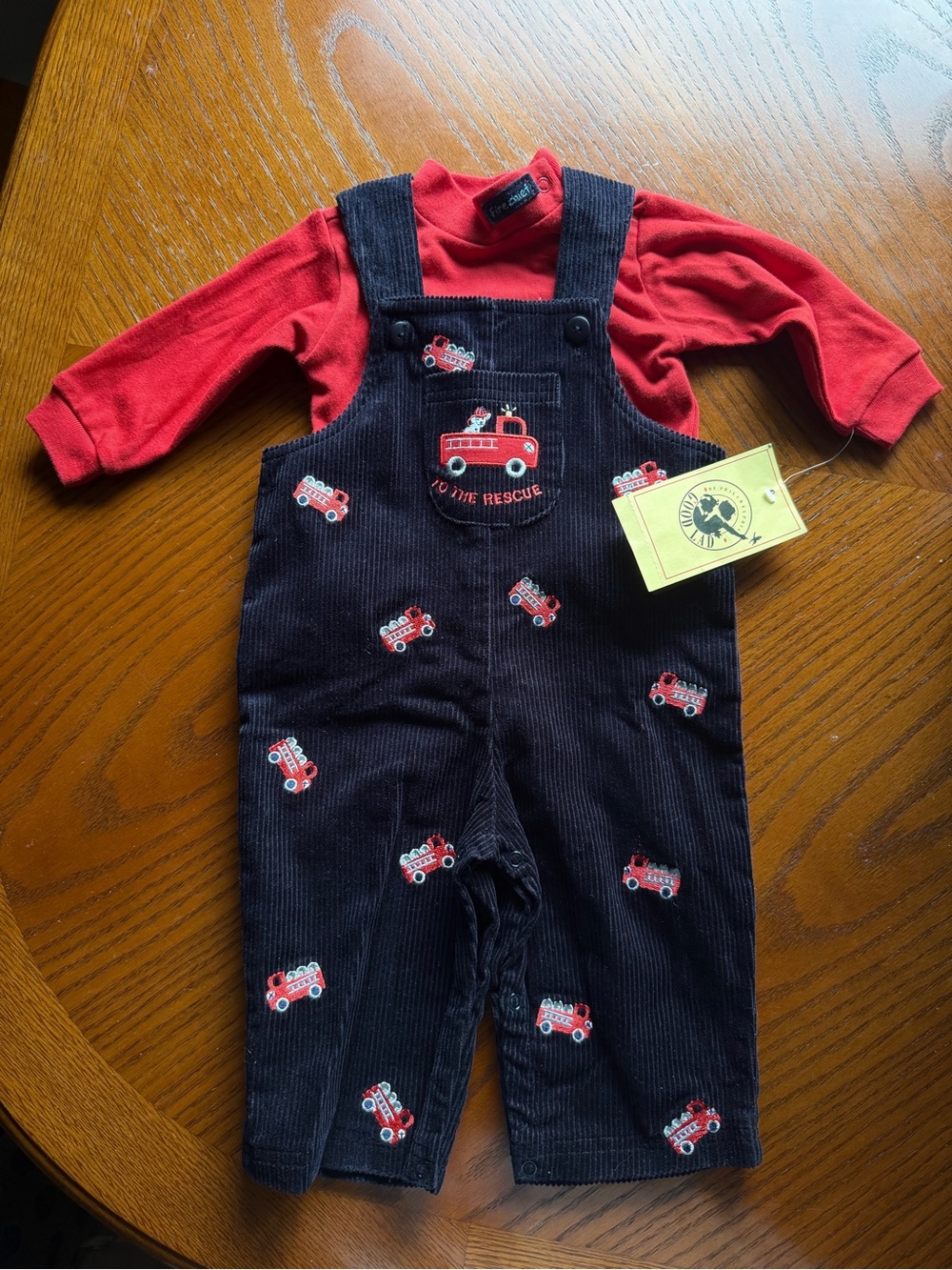 Vintage set Red Long Sleeve Top with Navy Firetruck Corduroy Overalls